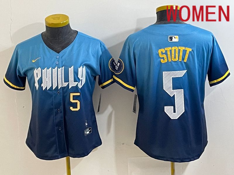 Women Philadelphia Phillies 5 Stott Blue City Edition Nike 2024 MLB Jersey style 2